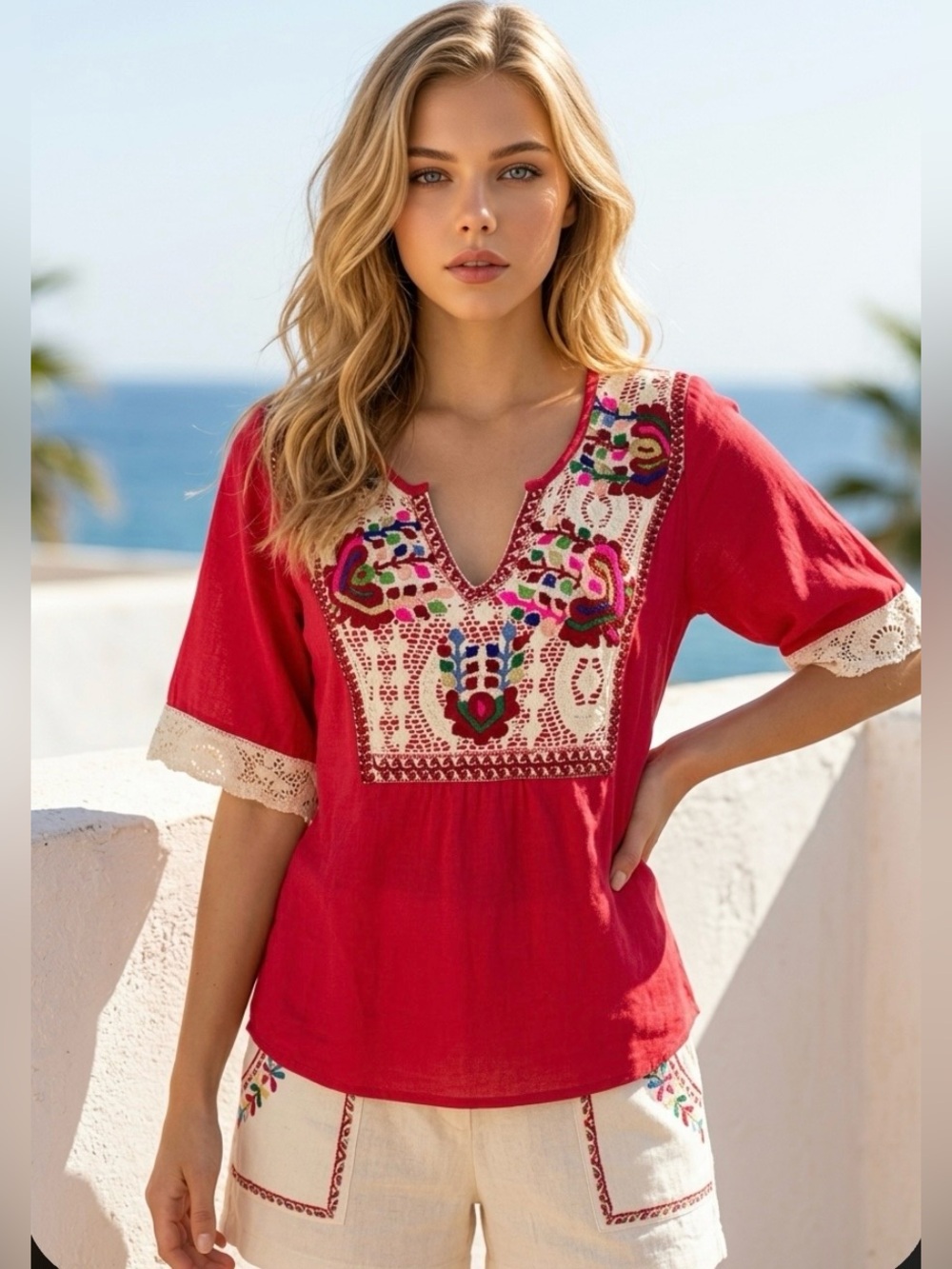 JUDITH MARCH Peasant Blouse Embroidered Boho Red White Small